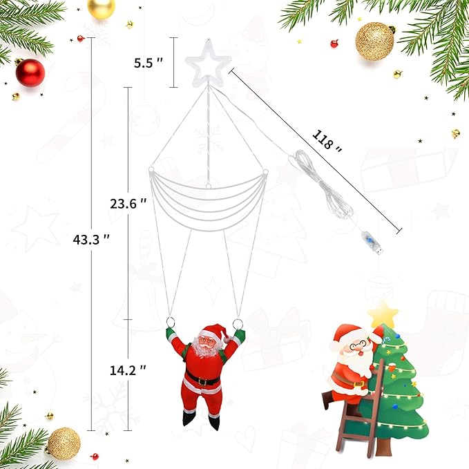 DANLI LED Christmas Parachute Lights with Santa Claus, 3.66ft, 8 Modes Hanging Lights for Indoor Outdoor Porch Roof Eave Balcony Home Decor