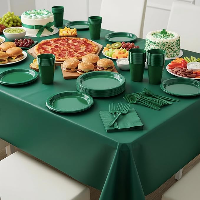 Green Plastic Plates for Party,30 Guest Disposable Plastic Plate Set 9" Plates,7" Dessert Plates,Napkins,12 oz Cups,Forks & Tablecloth for Birthday,Picnic,Christmas