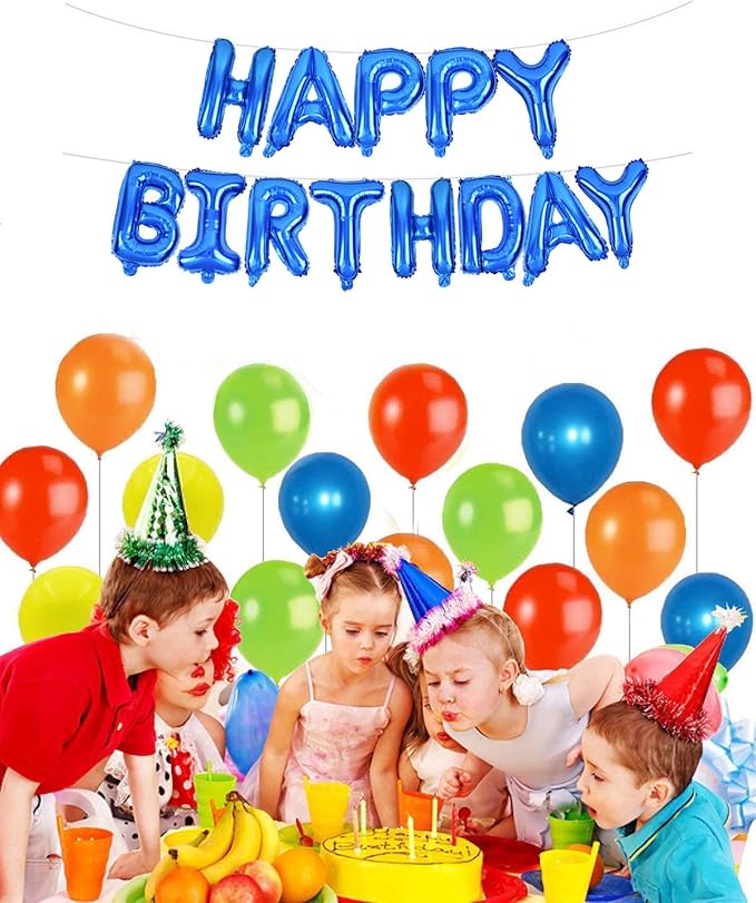 TONIFUL Blue Happy Birthday Balloons 16 Inch Mylar Foil Letters Birthday Sign Banner Balloon Bunting Reusable for Girls Boys Kids & Adults Birthday Decorations and Party Supplies