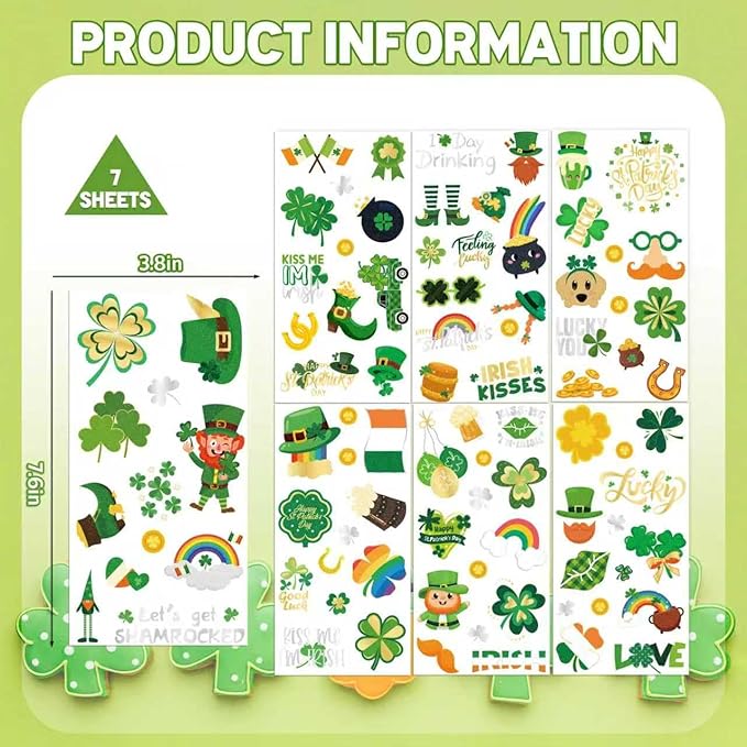 Xzentira 91pcs St. Patrick's Day Glitter Temporary Tattoos, Shamrock Face Tattoos Clover Body Stickers for Irish Party Favors, Lucky Saint Patricks Day Accessories for Parades & Holiday Decorations