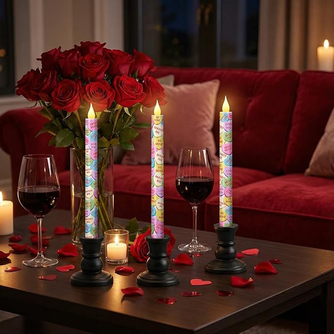 Honoson 6 Pcs Conversation Heart Decor 10.6 Inch Valentine Day Flameless Taper Candles Battery Operated LED Candlesticks for Conversation Hearts Party Valentine Wedding Anniversary Dinner Table Decor