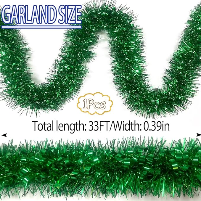 33Ft Christmas Tinsel Garland Shiny Thick Tinsel Xmas Tree Decor Metallic Twist Foil Garland for New Year Parties Birthday Party ST Patricks Day Parade Floats Indoor Outdoor Supplies - Green