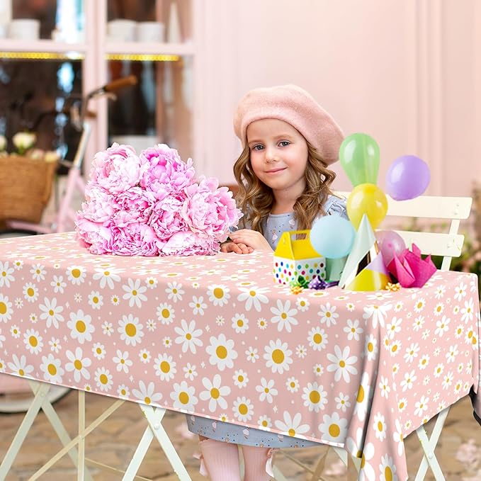 3Pack Tablecloth, Groovy Daisy Table Cover Pink Flower Birthday Party Decoration, Plastic Retro Hippie Boho Daisy Party Table Cloths for Girl Birthday Baby Shower Wedding Supplies