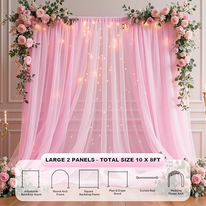Pink Tulle Backdrop Curtain with String Lights, 2 Panels 5×8FT Sheer Wrinkle-Free Pink Backdrop Drapes for Wedding, Bridal Shower, Birthday, Baby Shower, Princess Party & Photo Booth Decorations