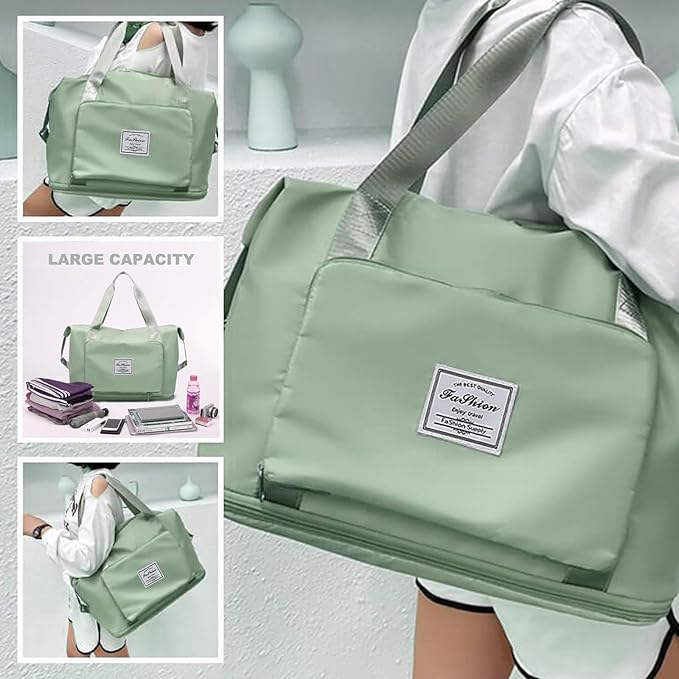 Large Capacity Folding Travel Bag, Lightweight Waterproof Luggage Bag, Expandable Travel Duffel Bag, Dry Wet Separated Gym Tote Bag, Weekender Overnight Bags for Women and Man (Light Green)