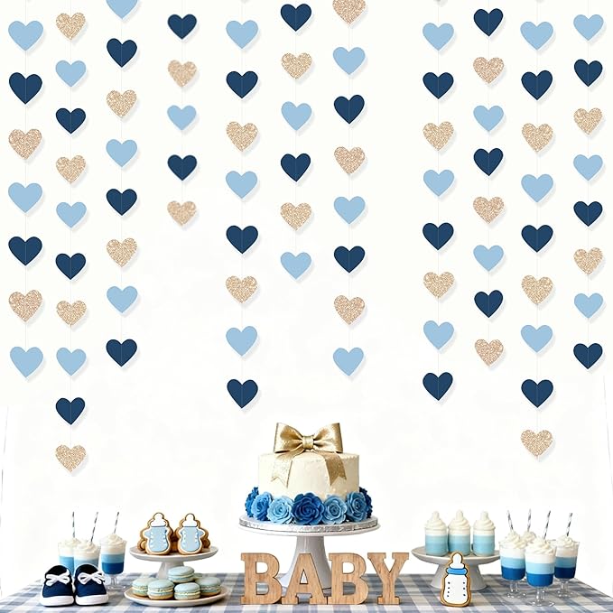 Navy Blue Champagne Gold Heart Party Decorations Glitter Paper Champagne Gold Dusty Blue Love Heart Hanging Garland Banner Streamer for Baby Shower Birthday Anniversary Valentines Day Wedding Party