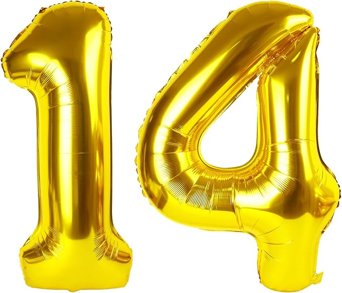 14 Gold Number Balloons, 40 Inch Balloons for Woman Man 14th Birthday Party Decoration, Foil Number Ballon for 14, 41 Anniversary, Bridal Shower, Graduation, Valentine's Day, Mother's Day, Easter