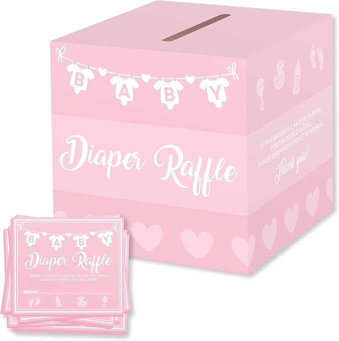Party Hearty Baby Shower Games for Girls, 50 Pink Diaper Raffle Tickets, Diaper Raffle Ticket Cards Box, Baby Shower Decorations, Raffle Prizes, Ideas