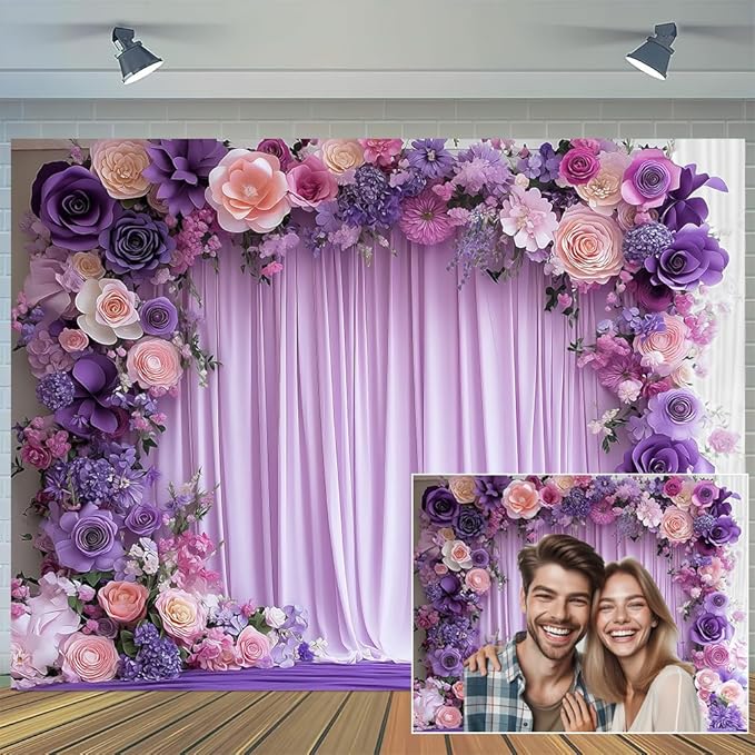 10X6.5ft Purple Flower Wall Background Photography Lavender Backdrop for Parties Wedding, Girls Birthday Princess Weeding Bridal Shower Purple Floral Anniversary Ceremony Decor.