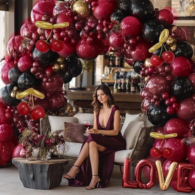Burgundy Black Balloon Arch Double Stuffed Dark Ruby Red Gold Maroon Black Balloon Garland Kit for Birthday Valentine Day Wedding Bridal Shower Engagement Cherry Anniversary Party Decor