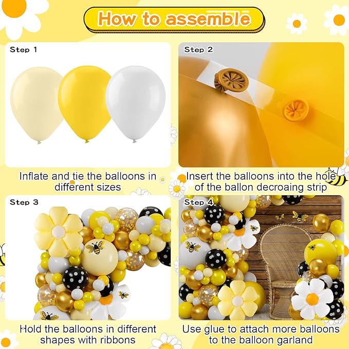 VinTS 140 Pcs Bee Balloons Garland Kit,Yellow Black White Balloons with Bee Stickers Gold Confetti Daisy Foil Balloons for Honey Bee Birthday Baby Shower Spring Theme Party Decoration