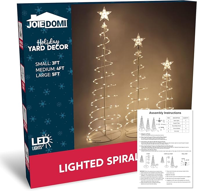 JOIEDOMI 3 Pack Spiral Christmas Tree Lights, 218 LED Outdoor Lighted Tree with Star Topper & Stakes, Christmas Decorations for Yard Porch Patio Garden Holiday Xmas Eve Night Décor, Warm White