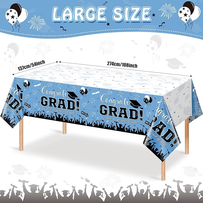 12Pack Graduation Tablecloth Party Decorations, Class 2026 Congrats Grad Plastic Tablecover Party Supplies, Light Blue Rectangle Graduation Table Decorations for College High School Party, 54x108 Inch