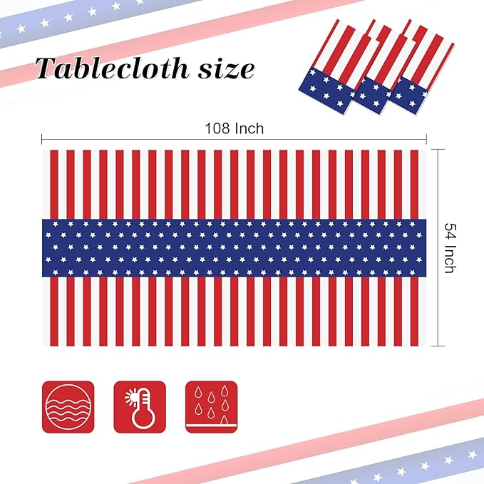 Childom 3 Pack Patriotic Tablecloths 4th of July Decorations,Disposable Plastic Tablecloths 54"x108",Patriotic Themed Party Table Cloth for Kids Birthday Party Supplies,Outside,Picnic,Camping,Memorial