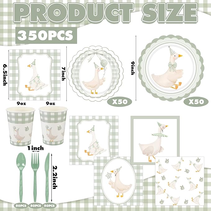 Zhehao 350 Pcs One Silly Goose Birthday Party Tableware Set Sage Green Scalloped Baby Shower Plates Cup Napkins Forks for Birthday Party Decorations Supplies for 50 Guests