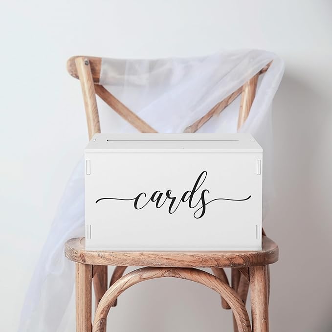 Heather & Willow Wooden Wedding Card Box with Slot - Rustic Decorations for Reception, Gifts & Money - White Lid for Baby Shower, Bridal Shower, Graduation