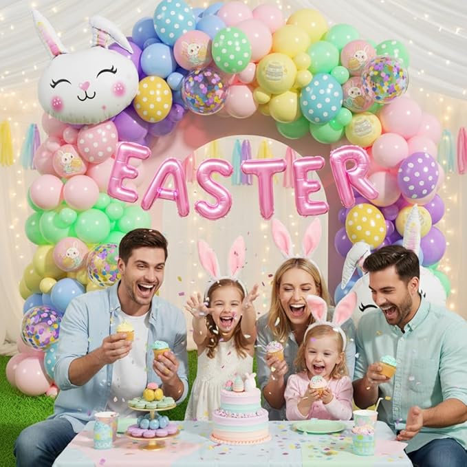 Easter Balloon Garland Kit 168Pcs, Pastel Rainbow Balloon Arch Kit with Bunny Foil, Printed Balloons Spring Colorful Balloon for Spring Easter Baby Shower Birthday Party Decorations