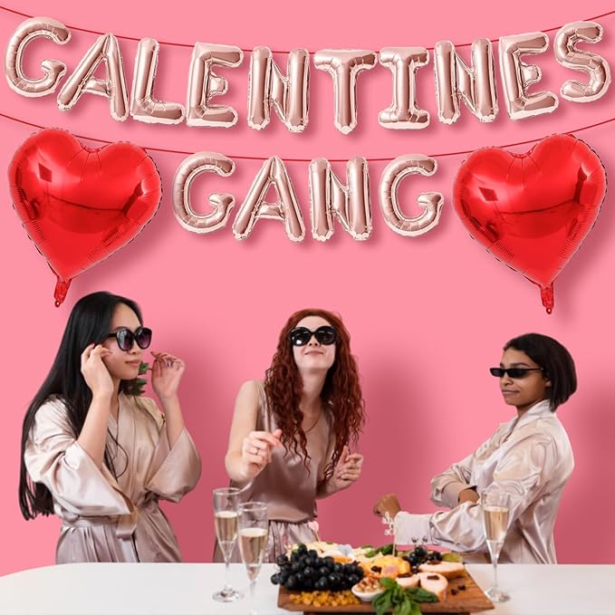 Galentines Day Balloons Banner, 16 Inch Rose Gold Galentines Gang Letters Balloons Decorations 18 Inch Red Heart Foil Mylar Balloon for Women Girls Ladies Galentine's Valentines Day Party Decoration