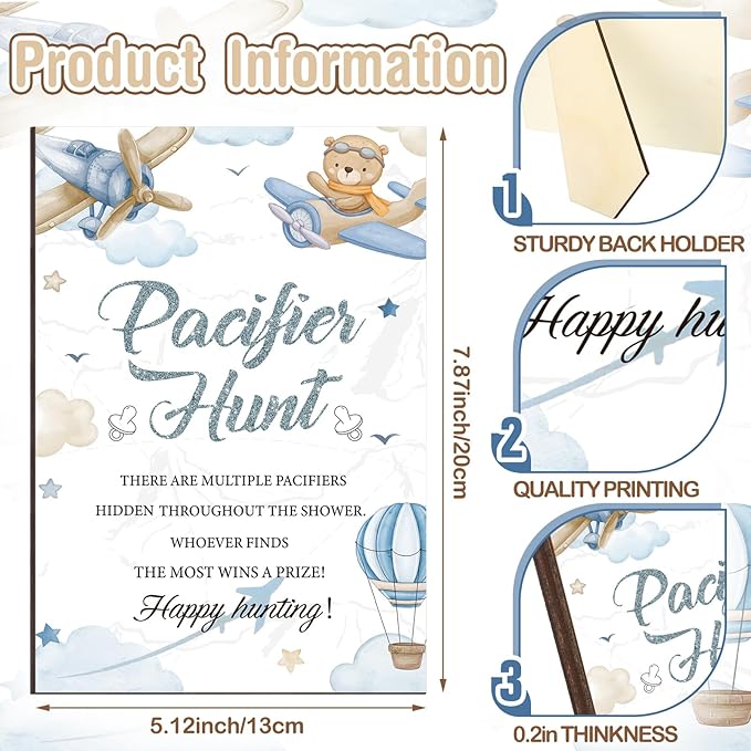 Thyle 51 Pcs Airplane Pacifier Hunt Baby Shower Games Include Hunt Sign and 50 Acrylic Pacifiers for Adventure Await Baby Shower Game Decoration Sets Gender Reveal Newborn Announcement Party Decor