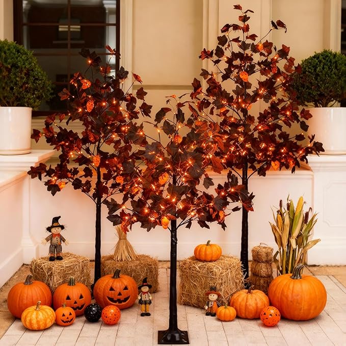 5ft Black Maple Halloween Tree with LED Skull Lights & Spiders, 128 Bulbs, Dimmable Timer, 16ft Cord, Indoor & Outdoor Decor