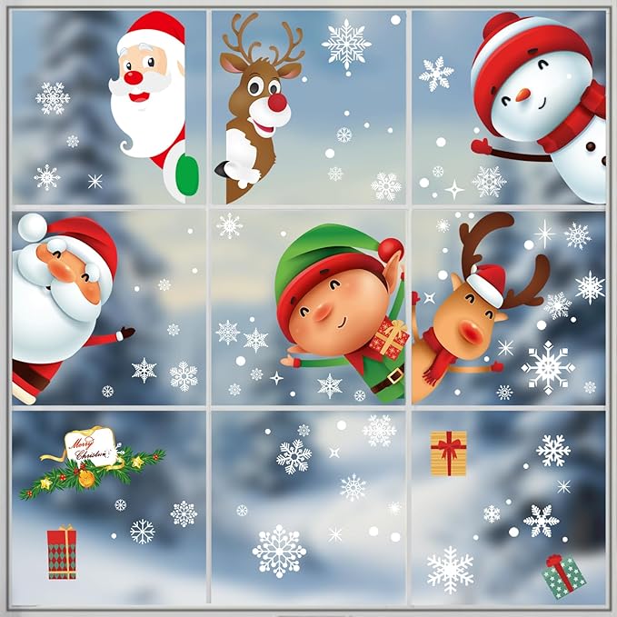 227 PCS Christmas Snowflake Window Clings Decoration, Christmas Window Stickers, Indoor Xmas Party, Snowflake Santa Claus Reindeer Decals, Thanksgiving Party Décor, Winter Holiday Decor Home Party.
