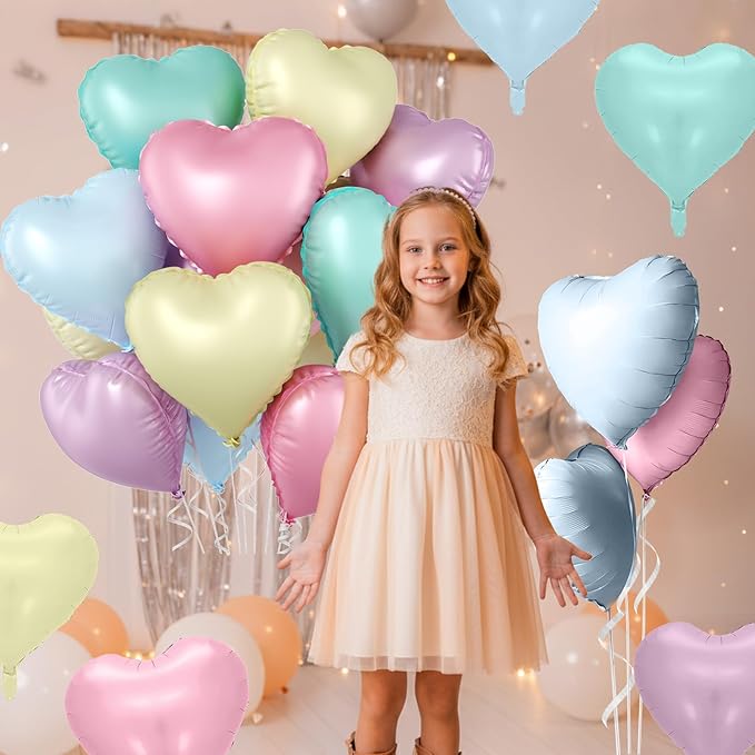 Pastel Heart Balloons, 10 Pcs Macaron Heart Shape Balloon, 18 Inch Pastel Pink Purple Teal Blue Yellow Foil Valentines Balloons for Kids Candy Birthday Wedding Baby Shower Easter Party Decorations