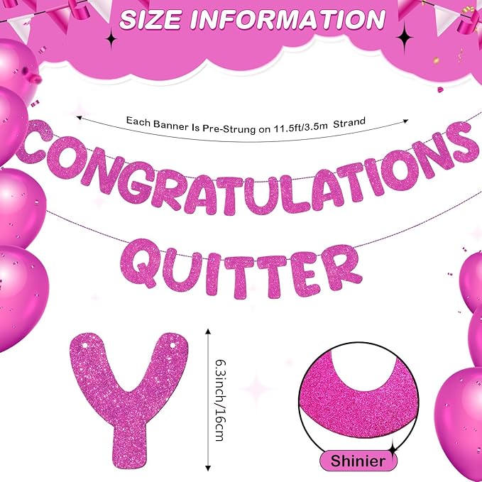 Fulmoon Pre Strung Congratulations Quitter Glitter Banner Funny Retirement Banner Graduation Party Decorations Going Away Supplies Garland for Men Women Gifts, No DIY(Rose Red)