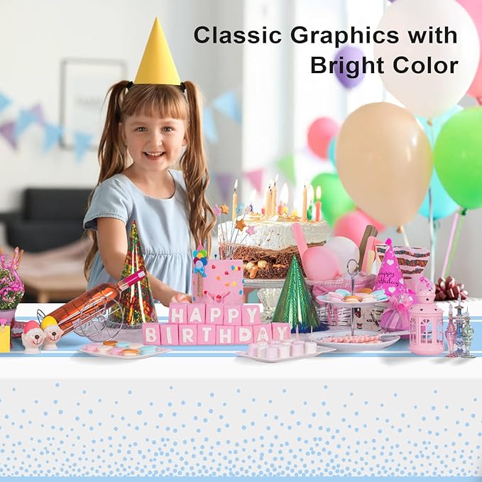 12 Pack White and Light Blue Tablecloth Party Decorations Plastic White Tablecloth Printed Light Blue Table Runner 54 x108 Inch Disposable Rectangle Table Cover for Birthday Graduation