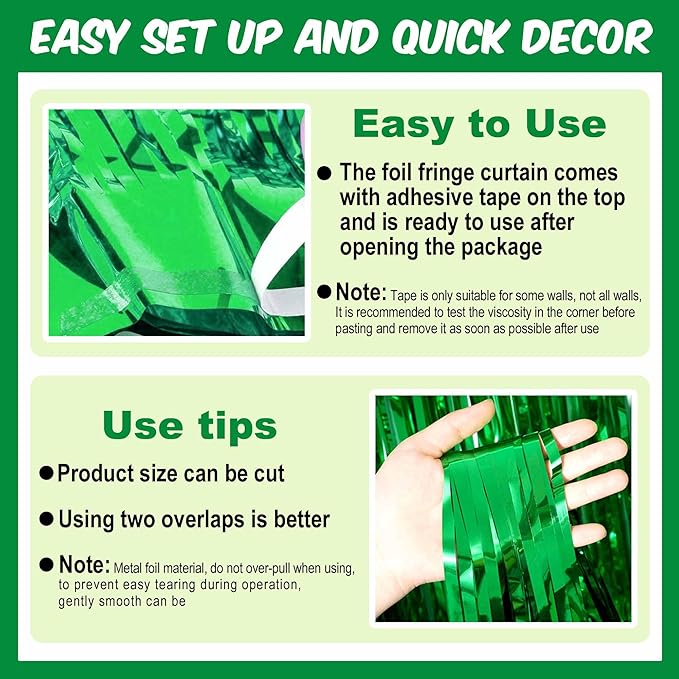 6 Pack Green Foil Fringe Curtains Backdrop, 3.28 x 9.8 Ft Metallic Streamers Tinsel Curtains Background for Photo Booth, Birthday, Halloween, Christmas, Thanksgiving, New Year Party Decorations