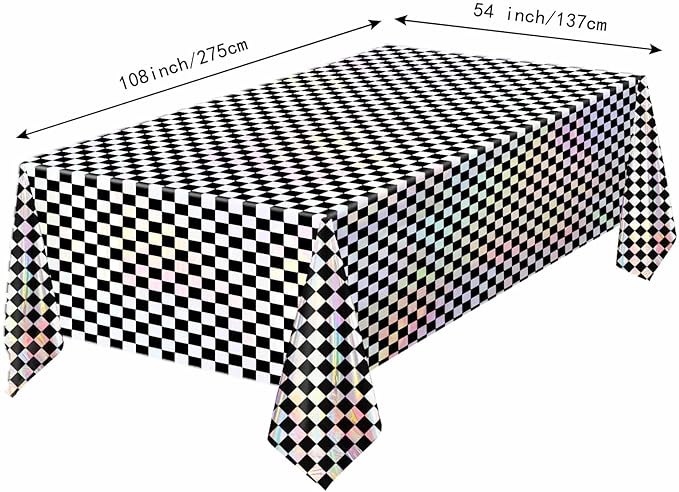 2 Pack Black and Iridescent Checkered Tablecloth Shiny Disposable Holographic Foil Table Cloth Plastic Laser Rectangle Table Cover for Picnic Birthday Party Race Car Tablecloth