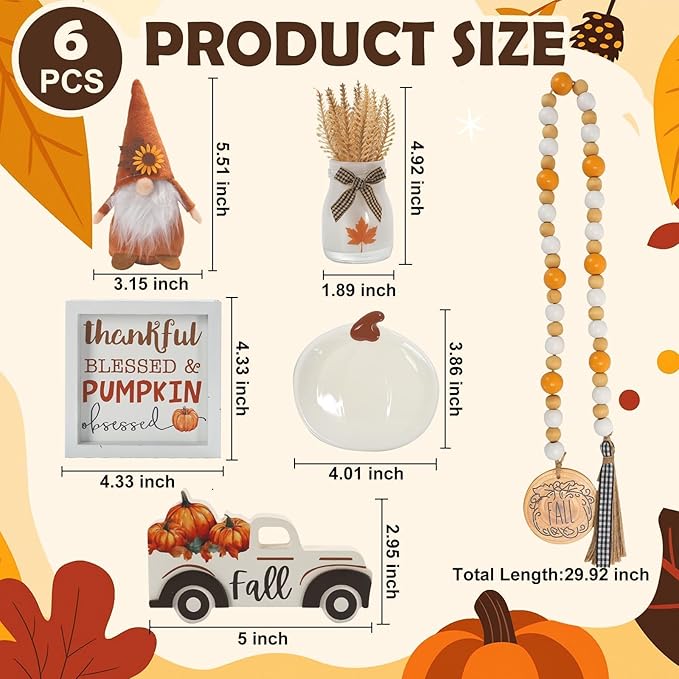 Thanksgiving Decorations for Home 6PCS Tiered Tray Decor Set, Tabletop Fall Decor for Tray Shelf Mantel Fire Place Office Desk Thanksgiving Autumn Table Centerpieces Pumpkin Farmhouse Wood Signs