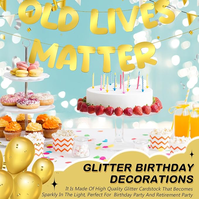 Fulmoon Pre Strung Banner 6.56 ft Funny Birthday Retirement Party Decorations 80th 70th 60th 50th Retirement Party Garland Bunting Decorations for Men Women(Bright Gold)