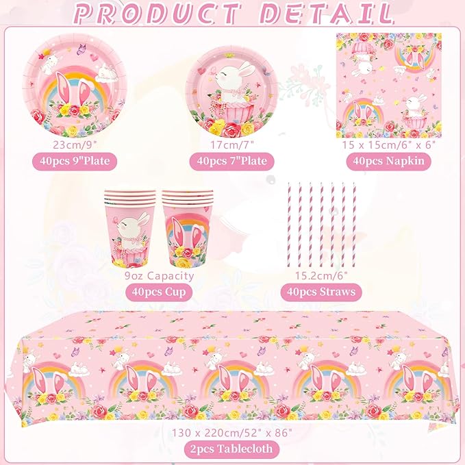 KEFAN Bunny Birthday Party Decorations, Rabbit Theme Party Tableware Supplies including Plates, Cups, Napkins, Tablecloth (40)