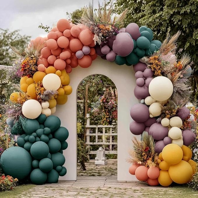 Boho Rainbow Balloon Garland Kit Double Stuffed Dusty Blue Pink Ivory Balloon Arch Mustard Yellow Purple Balloons for Thanksgiving Fall Baby Shower Birthday Party Decorations