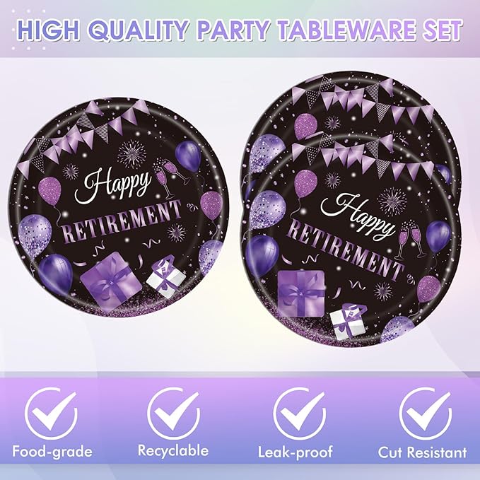 40PCS Retirement Party Decorations Purple Happy Retirement Party Decorations Supplies Tableware Plates and Napkins for Women Going Away Party Disposable Dinnerware Kit,Serves 20