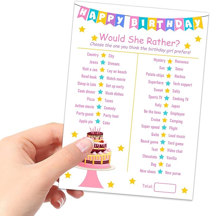 Birthday Girl Party Game - Would She Rather - 20 Game Card Set - Girl Birthday Party Activity Notebook