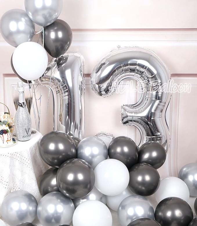 AULE 40 Inch Jumbo Silver Foil Mylar Number Balloons for Boy Girl 13th Birthday Party Decorations 13 Years Old Anniversary Party Supplies