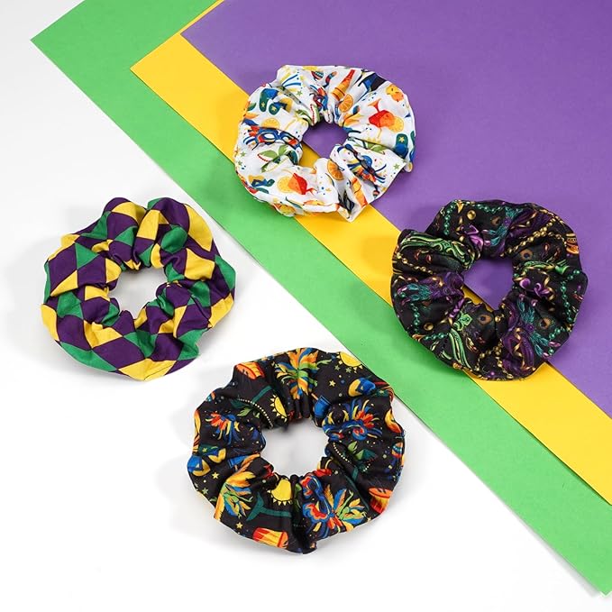 Mardi Gras Hair Ties for Women Girls Purple Fleur De Lis Mask Hair Scrunchies Elastics Hair Bands Scrunchy Ropes Carnival Celebrations Party Hair Accessories 4PCS