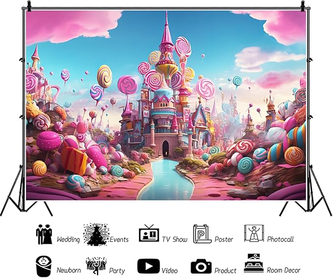 10x6.5ft Candyland Backdrop Fantasy Pink Castle Sweet Candy Photography Background Girls Birthday Candyland Theme Party Decorations Banner Photo Studio Props