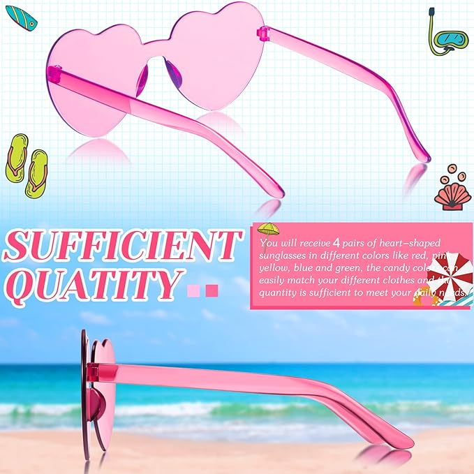 TOODOO 4 Pack Heart Shaped Sunglasses Rimless Candy Color Eyewear Galentine Valentines Accessories