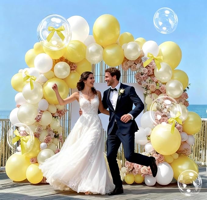 Yellow Balloon Arch Kit, Double Stuffed Pearl White Pastel Light Yellow Balloons with Bow Clear Balloon Arch Kit for Birthday Wedding Bridal Bee Baby Shower Sunflower Lemon Party Decor