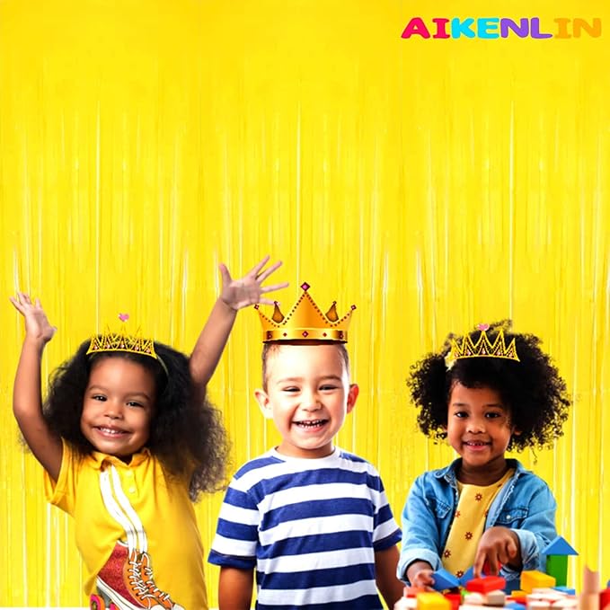 4 Pack 3.3Ft x 6.6Ft Yellow Foil Fringe Curtain Backdrop, Metallic Tinsel Foil Fringe Streamers Curtains Background for Photo Booth, Birthday, Wedding, Halloween, Christmas Party Decoration