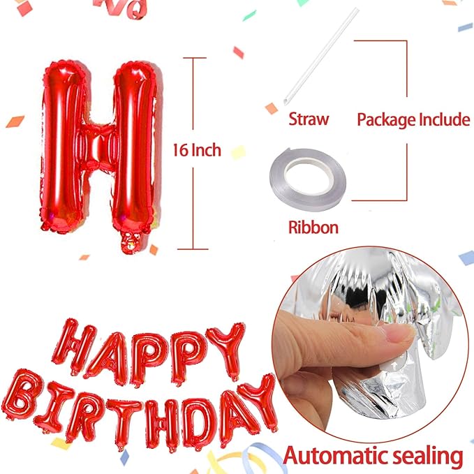 KALOR Red Happy Birthday Balloons Banner, 16 Inch Mylar Foil Letters Balloon Sign for Birthday Party Decorations Photo Booth Backdrop