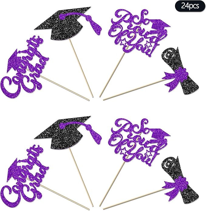 24Pcs Black Purple Graduation Cupcake Toppers 2026, Glitter Grad Cap Diploma Congrats Grad We Are So Proud of You Cupcake Toppers for Class of 2026 Graduation Party Decorations.