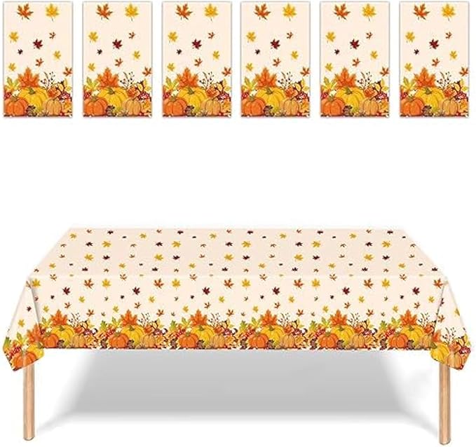 Thanksgiving Disposable Tablecloth, 54 x 108 Inch Rectangle Waterproof Plastic Fall Theme for Harvest Party Table Decoration (Maple 6 Pack)