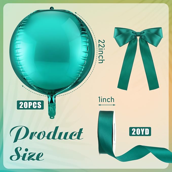20 Pcs VBS 2026 Metallic Green Foil Balloons Giant 22 Inch 4d Round Metallic Green Balloons with Emerald Ribbon for Birthday Baby Shower Anniversary Tea Party Decorations