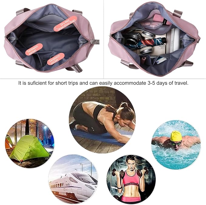 Large Capacity Folding Travel Bag, Lightweight Waterproof Luggage Bag, Expandable Travel Duffel Bag, Dry Wet Separated Gym Tote Bag, Weekender Overnight Bags for Women and Man (Pink)