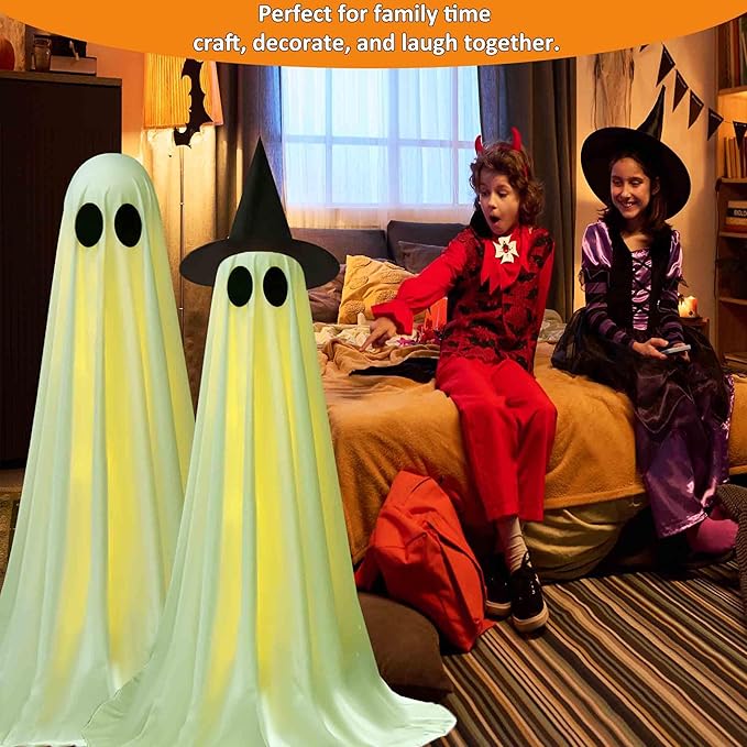 2Packs Halloween Decorations Outdoor, Cute Halloween Decorations Indoor, DIY Ghost Kit Decor with Witch Hat Remote Control String Lights, Spooky Ghost Scary Decor for Front Porch Yards Gardens Lawn