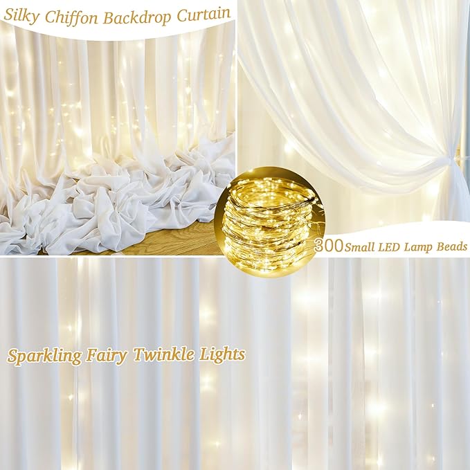 10x10ft White Chiffon Backdrop Curtain with Lights String for Wedding Sheer Tulle Curtain Photo Backdrops Drapes for Baby Shower Birthday Party Home Ceremony Decorations