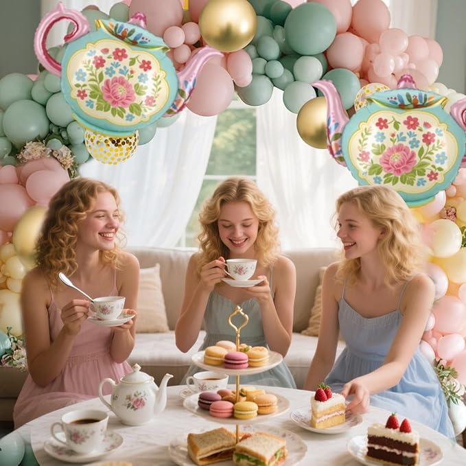102 Pcs Tea Party Balloons, 35" Huge Teapot Aluminum Foil Balloons Pink Green Gold Confetti Latex Balloon for Girls Birthday Let's Par Tea Baby Shower Bridal Shower Garden Party Decorations Supplies
